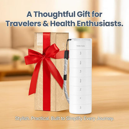 Ankomn - 7 Day Travel Pill Organizer. IPX7 Rating Waterproof, Airtight & Portable Pill Case for Vitamins. Durable Weekly Supplement Case with Stackable Compartments for Outdoor Use - White