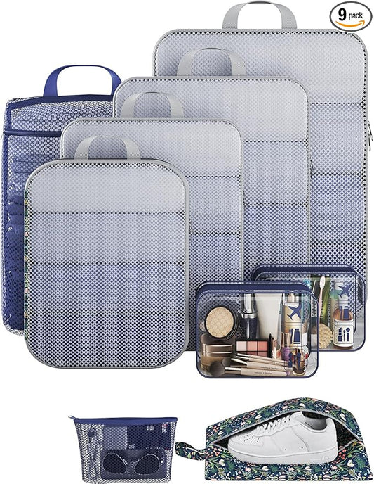 Veken 9/11 Set Compression Packing Cubes for Travel Essentials,Compressible Expandable Large Luggage Suitcase Organizer Bags for Clothing,Durable Space Saver Storage Bags(Dark Blue Floral)