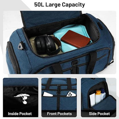MIER Foldable Duffle Bag with Shoe Compartment 50L Travel Duffel Bags for Men Women Packable Overnight Bag for Camping Gym Weekender, Drak Blue