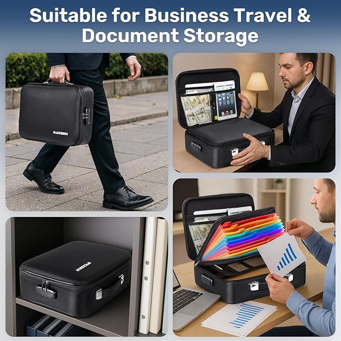 BlackSmith Fireproof Document Box, 4200°F Heat Resistant & Waterproof Hard Case 13 Layers File Organizer with Lock, Portable Safe for Important Documents, Certificates, Travel Use-Black