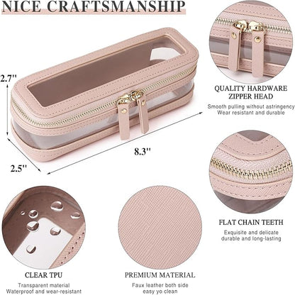 Pinkmik Makeup Brush Case Clear Travel Cosmetic & Toiletry Bag Slim Makeup Bag with Zipper Small Purse Organizer Car Essential Bag for Women (Pink, SLIM-1)