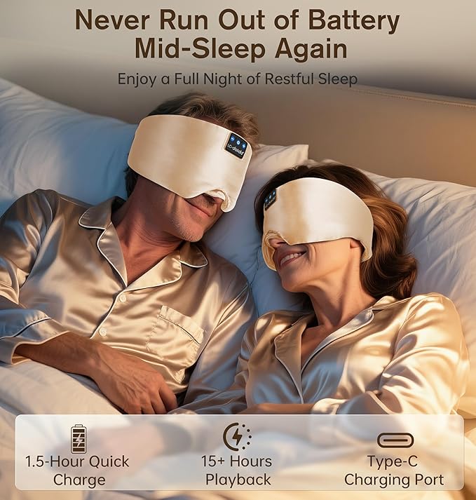 LC-dolida Luxurious Silk Soft Sleep Mask, Sleep Headphones with Bluetooth 5.4 for Side Sleeper, Total Blackout Eye Sleeping Mask for Women and Men, Ideal Gift for Restful Sleep, Travel(Champagne)