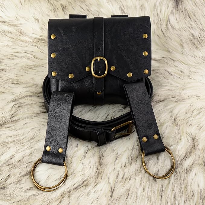 Renaissance Belt Pouch Viking Leather Medieval Belt Waist Bag Pirate Cosplay Festival Halloween Adjustable Accessories (Black)