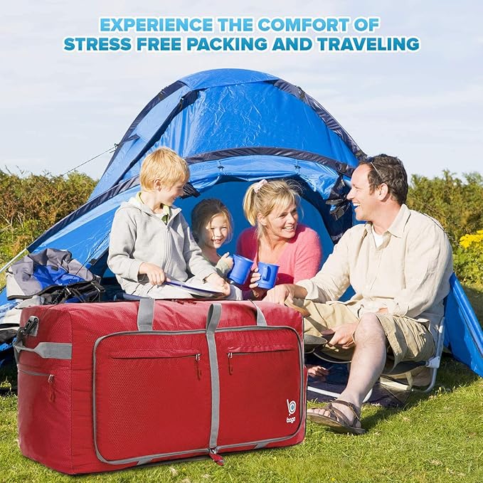 Bago Big XXL Foldable Duffel Bags for Traveling Women & Men - 140L Packable Duffle Bag for Travel with Shoe Compartment - Water Repellant, Heavy Duty, Lightweight Folding & Collapsible (Red)
