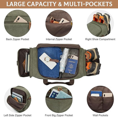 S-ZONE Canvas Duffel Bag for Travel 45L Weekender Overnight Bags with Shoes Compartment for Men