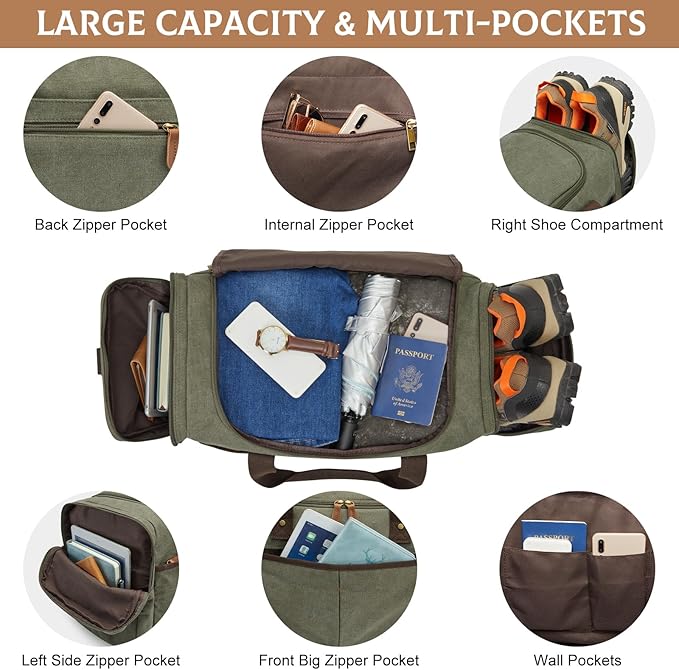 S-ZONE Large Canvas Travel Duffel Bag Weekend Overnight Bag with Shoes Compartment Holdall Gym Bag with Multi-Pockets for Men and Women, Army Green, X-Large
