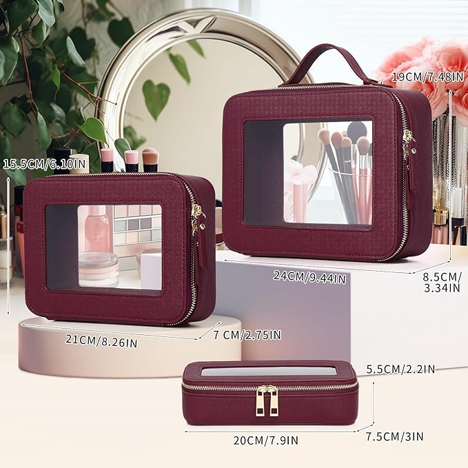 Pinkmik Clear Makeup Bag with Brush Bag 3pcs Waterproof Travel Case for Cosmetics and Toiletries Women's Makeup Organizer with Zipper (X/Burgundy, L+M+SLIM)