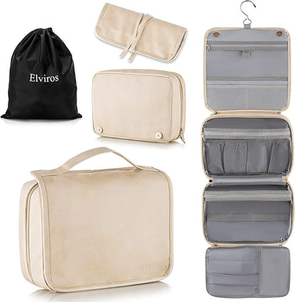 Elviros Hanging Travel Toiletry Bag for Women,3-in-1 Large Makeup Bag and Cosmetic Organizer,Vegan Leather Waterproof Skincare Case for Travel Size Toiletries and Accessories,Gift for Women