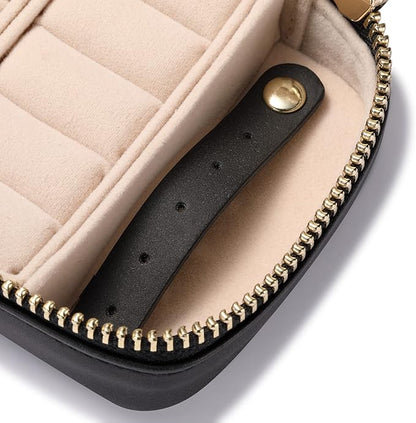 HISCOW Vegan Leather Travel Jewelry Case with Zipper - Portable Necklace & Earring Holder Organizer for Women Girls, Velvet-Lined Ring Box with Anti-Tarnish Design, Black