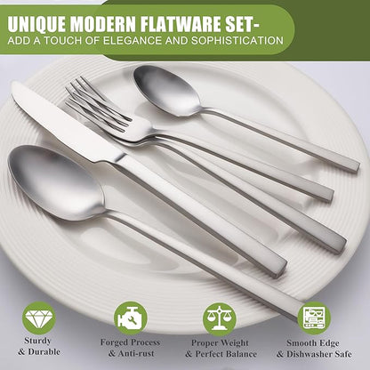 Forged Silverware Set for 8, 40-Piece Stainless Steel Matte Satin Finish Flatware Set Silverware Cutlery Set Tableware Modern Kitchen Utensils Set for Home Restaurant, Dishwasher Safe