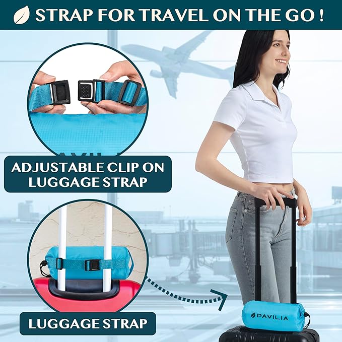 PAVILIA Travel Blanket Airplane Compact with Bag, Soft Packable Plane Blanket Kids Adults, Portable Camping Flight Essentials, Travelers Gifts Accessories, Luggage Backpack Strap, 65x40 Teal Blue