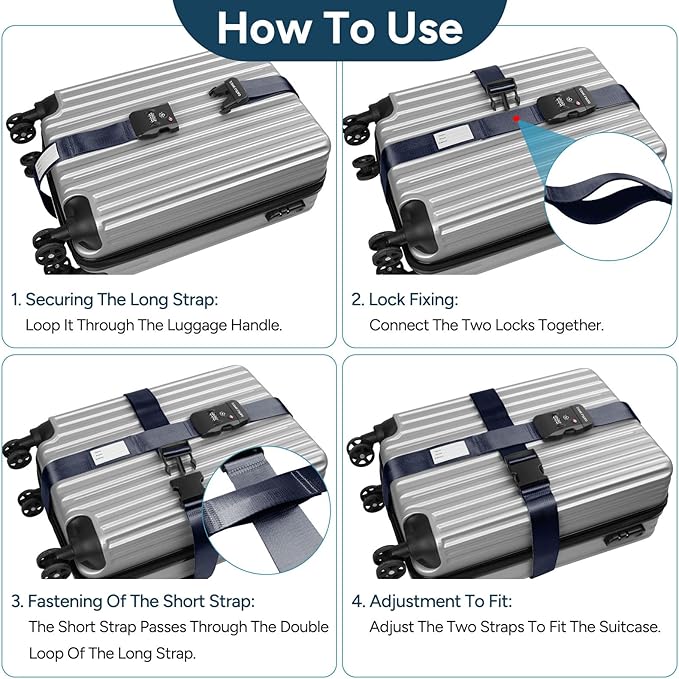 Travel Inspira Luggage Straps - TSA Approved Travel Luggage for Suitcases, Adjustable Suitcase Belt Spot Luggage, Personalized Tags Name ID Card (Navy Blue)