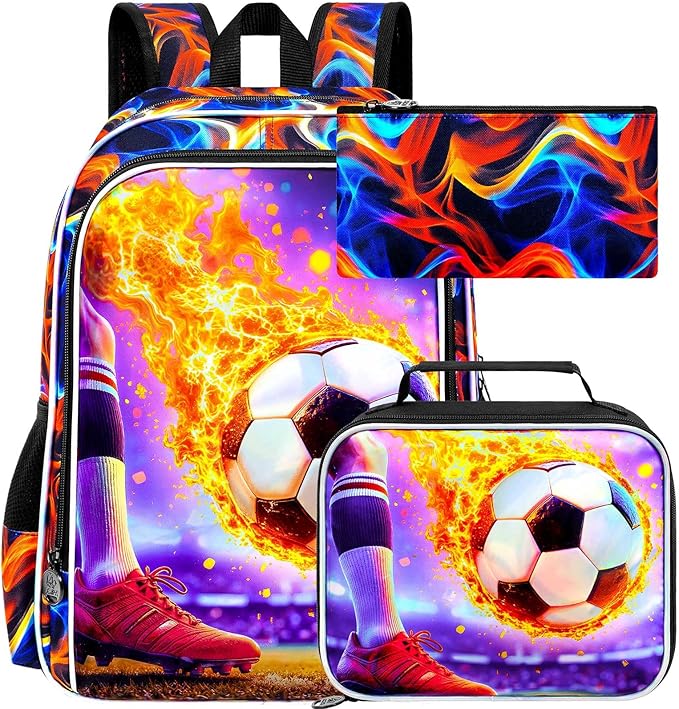 WZLVO 3PCS Soccer Bookbag for Boys, 17" Cool UV Printing Kids Backpack/School Bag with Lunch Box & Pencil Bag for Elementary to Middle - Flaming Soccer Kick