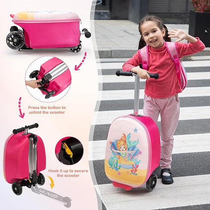 VLIVE Kids Scooter Luggage with Backpack 2-in-1 Set, 30L Ride-On Suitcase + 10L Backpack, Durable EVA Material, Lightweight Foldable, Wheels for Girls Aged 4-8, Mermaid Design