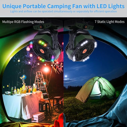 Camping Fan 20000mAh Rechargeable Battery Operated fan Outdoor Tent Fan with Light & Hook, knob Speeds, Personal USB Desk Fan for Camping, Power Outage Jobsite Green X68