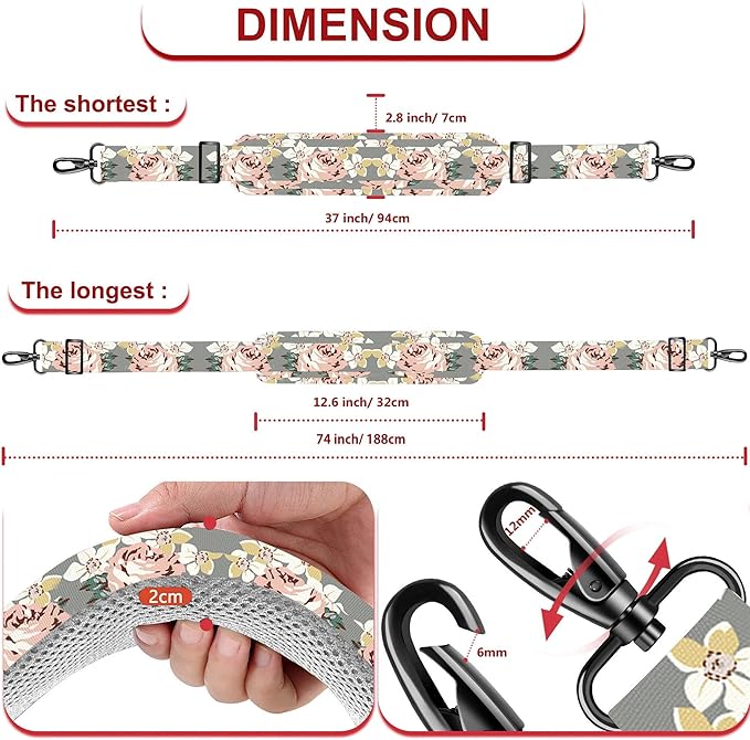 ZINZ 74" Shoulder Strap with Fixed Pad and Dual Balanced Buckles，Gray Flowers