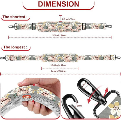 ZINZ 74" Shoulder Strap with Fixed Pad and Dual Balanced Buckles，Gray Flowers