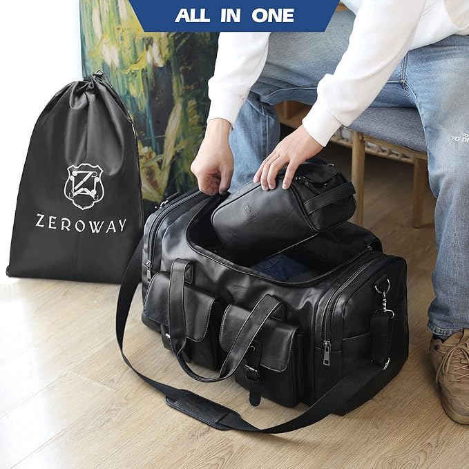 Zeroway PU Leather Travel Duffel Bag with Laundry Bag, Weekender Overnight bag Luggage Carry-On Bag with Shoe Pouch for Men or Women Black