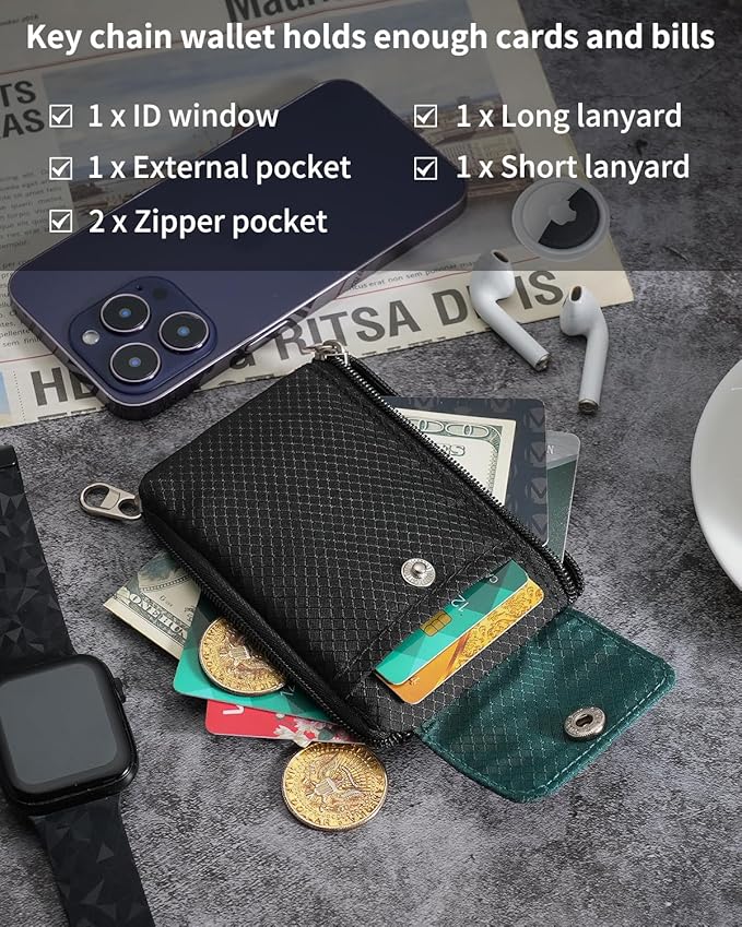 Minimalist Wallet For Mens Womens, Keychain RFID Blocking Zipper Small Wallet with ID Window 2 Lanyards,Water Resistant Travel Cash Card Coin Case Boys Girls