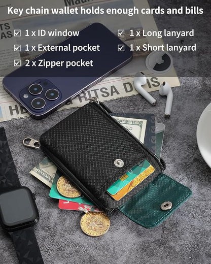 Minimalist Wallet For Mens Womens, Keychain RFID Blocking Zipper Small Wallet with ID Window 2 Lanyards,Water Resistant Travel Cash Card Coin Case Boys Girls