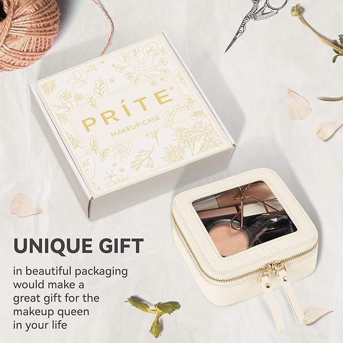 Prite Small Makeup Bag for Women Portable Clear Makeup Bag Cute Mini Waterproof Travel Cosmetic Bag with Gold Zipper for Car Essentials(Beige)