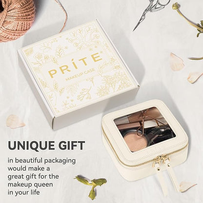 Prite Small Makeup Bag for Women Portable Clear Makeup Bag Cute Mini Waterproof Travel Cosmetic Bag with Gold Zipper for Car Essentials(Beige)