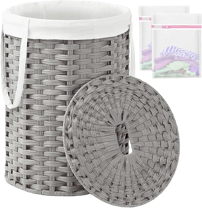 Laundry Hamper with Lid Laundry Basket with Lid 19.0 Gal (72 L) Round Laundry Basket Handwoven Rattan Basket with Lid Removable Bag 2 Mesh Bags Handles for Living Room Bathroom Gray