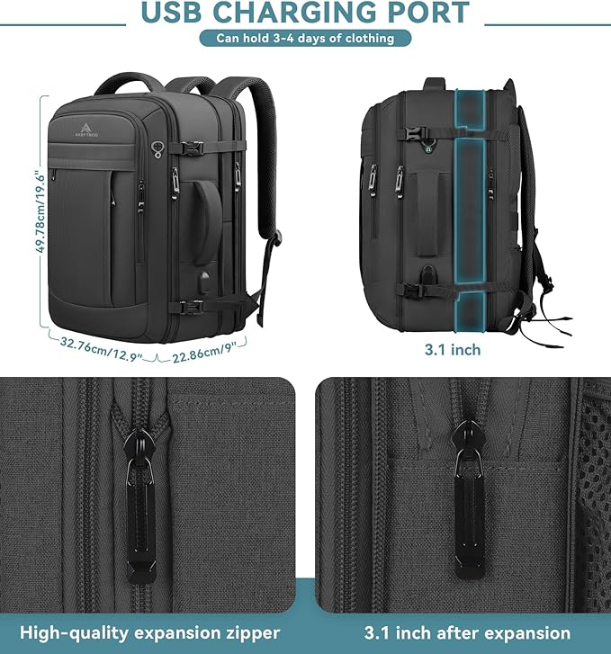 Travel Backpack, 50L Expandable Extra Large Laptop Backpack, Carry On Backpack Water Resistant Business Suitcase Daypack Bag Fits 17 Inch Laptops, Travel Gifts for Men Women, Black