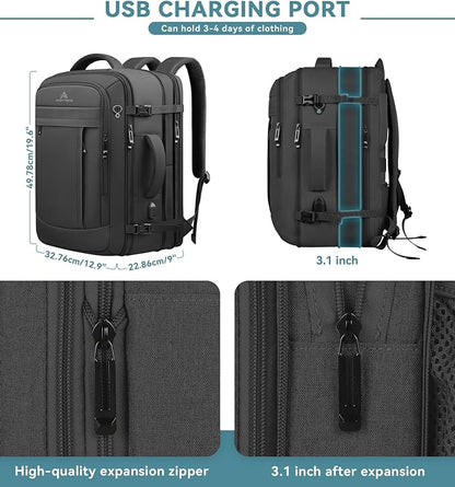 Travel Backpack, 50L Expandable Extra Large Laptop Backpack, Carry On Backpack Water Resistant Business Suitcase Daypack Bag Fits 17 Inch Laptops, Travel Gifts for Men Women, Black