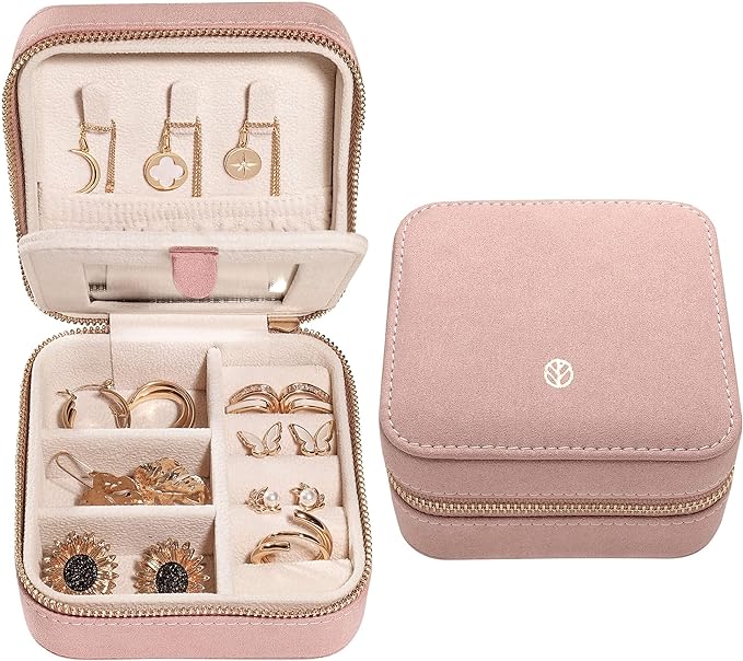 S.Leaf Travel Jewelry Organizer Boxes for Women Small Portable Necklace Earrings Bracelet Rings Travel Case Best Friend Birthday Gifts for Women Trendy (05_Suede_Touch_Dust_Pink)
