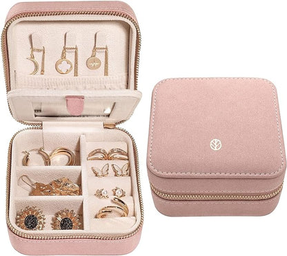S.Leaf Travel Jewelry Organizer Boxes for Women Small Portable Necklace Earrings Bracelet Rings Travel Case Best Friend Birthday Gifts for Women Trendy (05_Suede_Touch_Dust_Pink)
