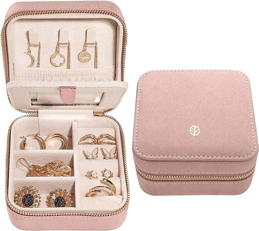 S.Leaf Travel Jewelry Organizer Boxes for Women Small Portable Necklace Earrings Bracelet Rings Travel Case Best Friend Birthday Gifts for Women Trendy (05_Suede_Touch_Dust_Pink)