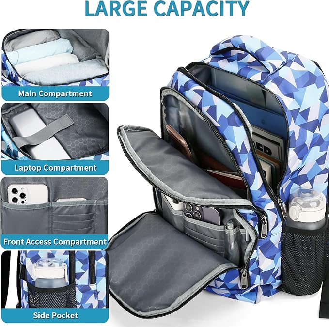 Della Gao College Laptop Backpack with Pencil Case, Digital Check Pattern Travel Backpack for Men, Waterproof Computer Back Pack for Travel, Business, Work, College (Blue-RH, 15.6 Inch)