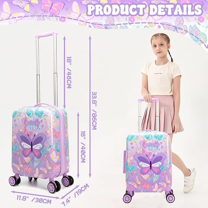Kid's Luggage Set 3 Piece Suitcase Set 16" Hardside Luggage with Spinner Wheels Girls Carry on Toddler Travel Rolling Suitcase with Duffle Bag Neck Pillow Airline Approved