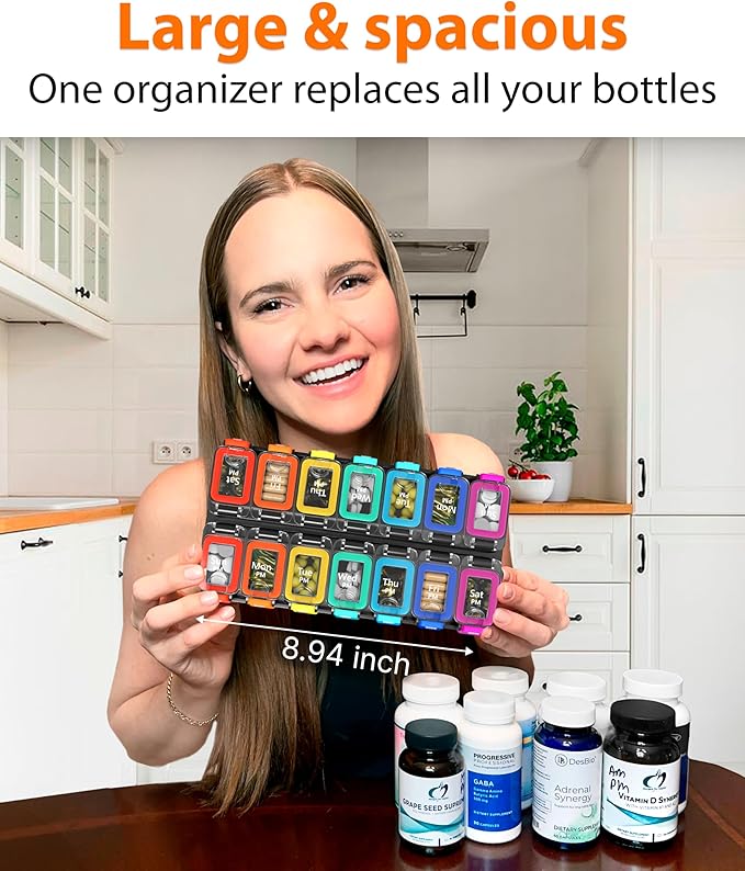 Large Weekly Pill Organizer 2 Times a Day – AM/PM Medicine Organizer with Thick Silicone Seal, Upgraded Secure Locks, Moisture-Proof Pill Box with Removable Rows for Travel, Fits Large Supplements