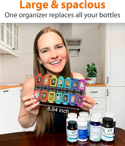 Large Weekly Pill Organizer 2 Times a Day – AM/PM Medicine Organizer with Thick Silicone Seal, Upgraded Secure Locks, Moisture-Proof Pill Box with Removable Rows for Travel, Fits Large Supplements