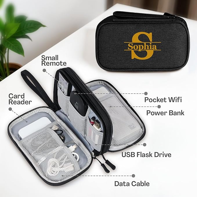 Personalized Electronics Organizer Travel Case – Custom Name Compact Cable Storage Bag for Chargers, Cords, USB Flash Drives – Waterproof Tech Pouch for Travel, Business and Daily Organization-Black