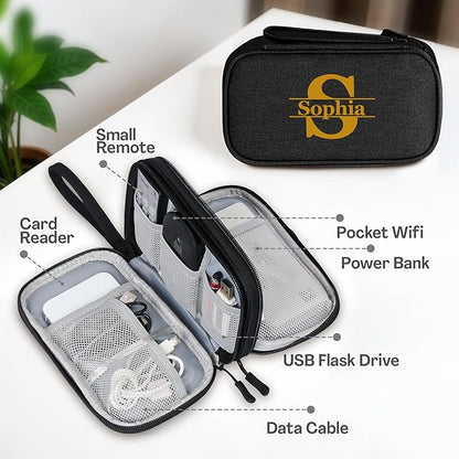 Personalized Electronics Organizer Travel Case – Custom Name Compact Cable Storage Bag for Chargers, Cords, USB Flash Drives – Waterproof Tech Pouch for Travel, Business and Daily Organization-Black