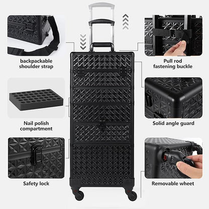 Makeup Train Case with Drawer, Rolling Makeup Case, Cosmetology Case on Wheels, Gift, Large Makeup Case Organizers, Professional for Salon Barber, Nail, Tattoo, Black