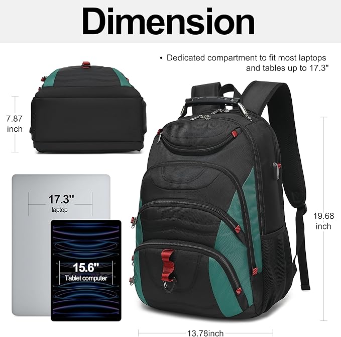 Boavan Laptop Backpack for men, 17.3 inch Laptop Bag with USB Port, Waterproof Travel Work Backpack Purse, Anti-Theft Teacher Nurse Doctor Casual Bookbags Office Business backpack，Black&Deep Juniper