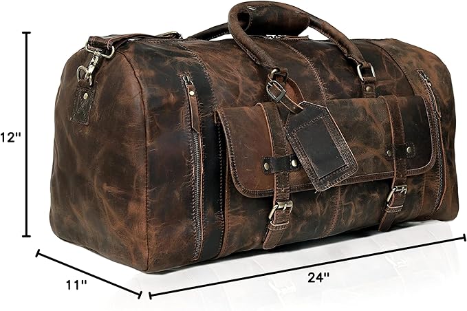 24 Inch Genuine Leather Duffle Bag for Men Travel Overnight Weekender Leather Duffel Bags Sports Gym Duffel for Men and Women Carry On Luggage for Traveling