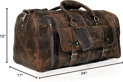 24 Inch Genuine Leather Duffle Bag for Men Travel Overnight Weekender Leather Duffel Bags Sports Gym Duffel for Men and Women Carry On Luggage for Traveling