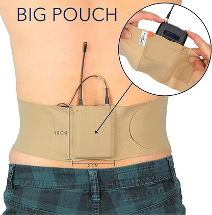 URSA Waist Strap - Ultra Slim, Breathable & Stretchy Microphone Transmitter Straps. Compatible with Most Transmitter/Receivers (Brown, Large Waist - Big Pouch)