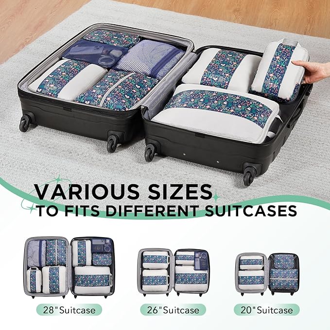 8 Set Compression Packing Cubes for Travel Essentials,Compressible Expandable Packing Cubes for Suitcase,OlarHike Luggage Organizer Bags for Travel(Dark Blue Floral)