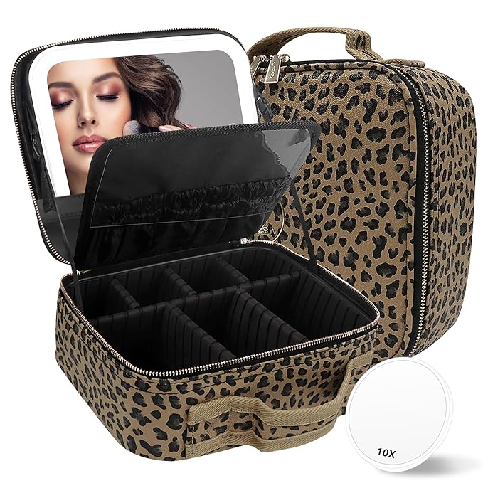 Travel Makeup Bag Cosmetic Bag Makeup Organizer Bag with Lighted Mirror, Adjustable Brightness in 3 Color Scenarios, Waterproof Makeup Train Case, Gift for Women - Leopard Brown