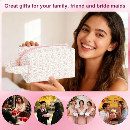Small Makeup Bags, Cute Floral Cosmetic Pouch for Women and Girls, Quilted Travel Toiletry Bag Organizer, with Zipper, Handle and Compartments, Set of 2