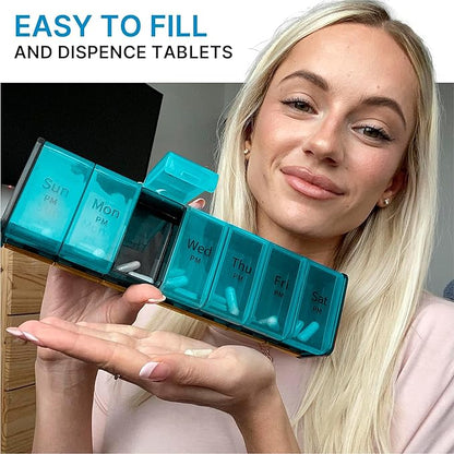 Extra Large Pill Organizer - XXL Vitamin Holder for Weekly Supplements - Double Sided Pill Box 7 Day with Big AM PM Compartments Huge Daily Medicine Dispenser 2 Times a Day Reliable and Easy-to-Use