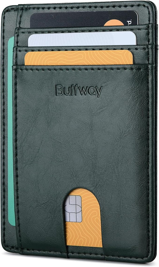 Buffway Slim Minimalist Front Pocket RFID Blocking Leather Wallets for Men and Women - Alaska Green