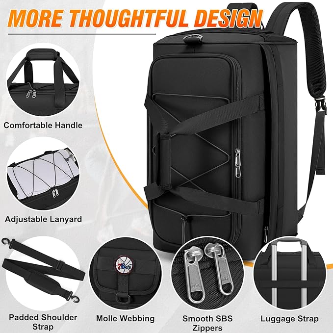 RAINSMORE Gym Bag for Men, 45L Sports Duffel Bag with Shoe Compartment Gym Backpack Carry On Weekender Bag Overnight Backpack Carry On,Black