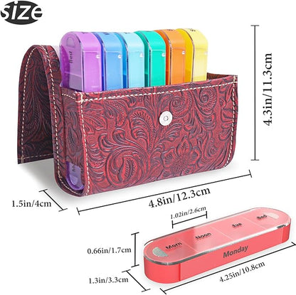 Pill Organizer,Haecsfl Weekly Travel Pill Case Box Medication Reminder Daily AM PM, Day Night 7 Compartments,for 4 Times A Day, 7 Days a Week-Includes Leather PU Carrying Case(1-Carved Red)